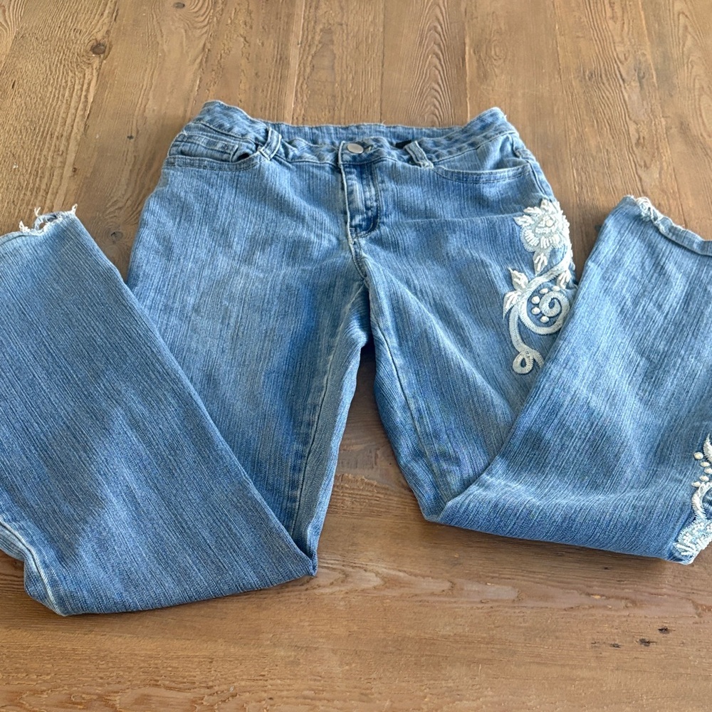 Boston Proper Light Blue Embroidered Flare/Bootcut Jeans